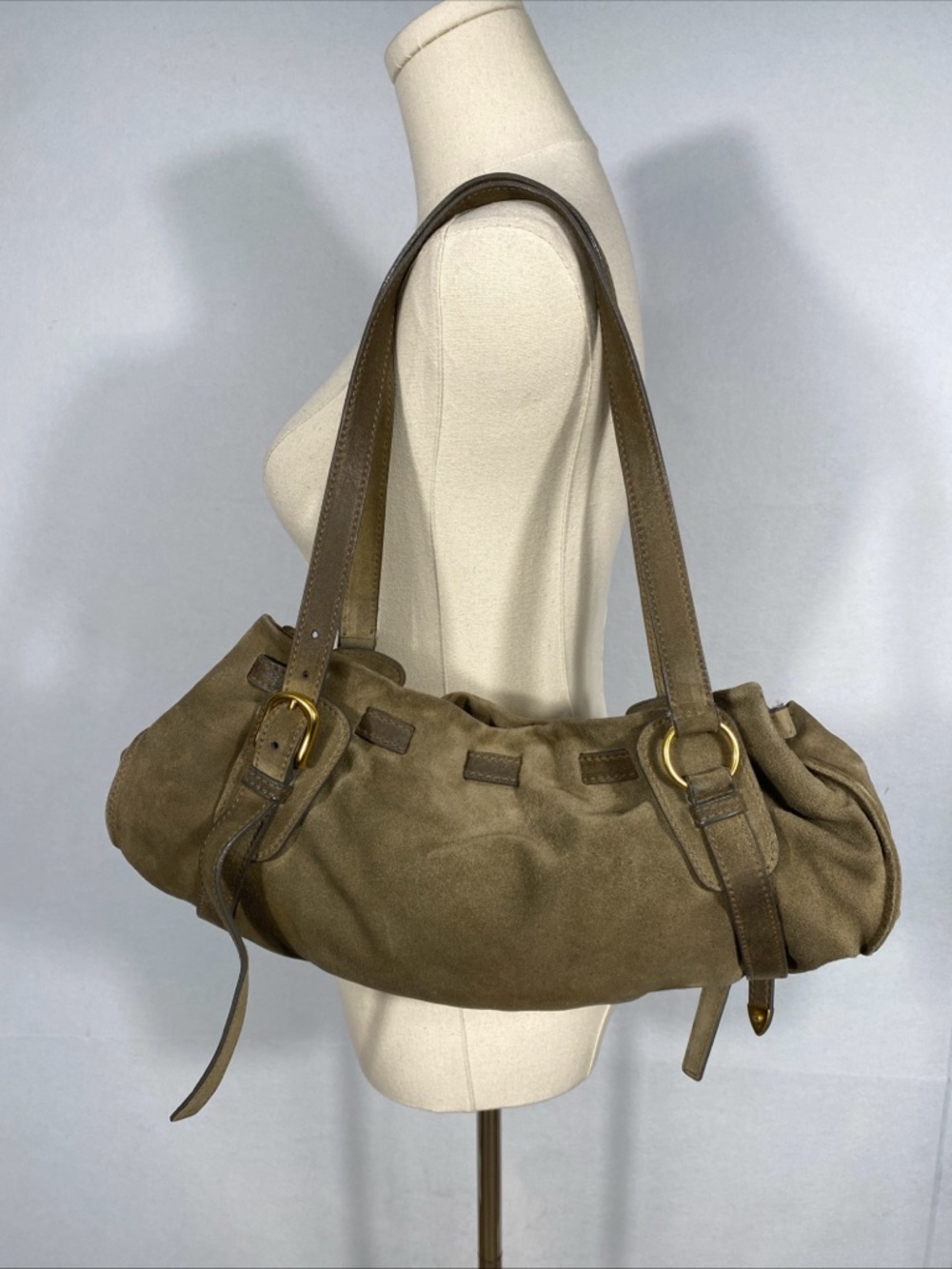 Miu Miu Olive Green Suede Shoulder Tote with Gold Hardware 90s Y2K - Picture 4 of 13